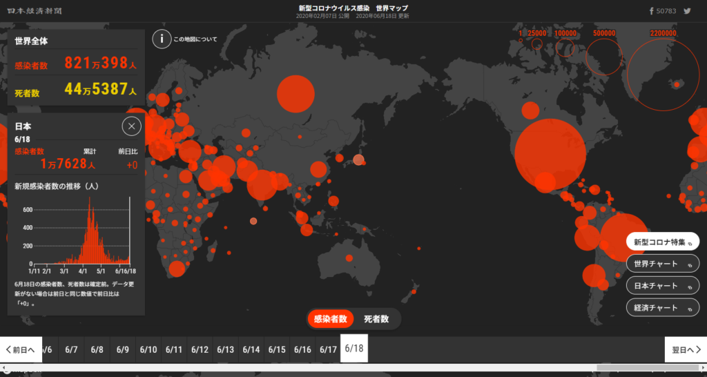 新型コロナウイルス感染　世界マップ（日本経済新聞社）